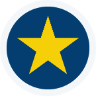 A yellow five-pointed star centered on a dark blue circle with a light gray background.