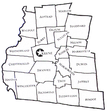 Map of Cheshire County, New Hampshire, showing labeled towns and the location of Keene marked with a star symbol in the center.